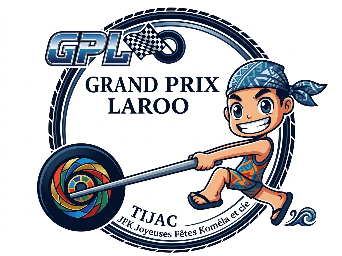 Logo du Grand Prix Laroo, mascotte Tijac tirant une roue colorée